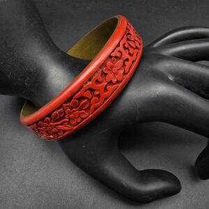 Vintage Faux Cinnabar Brass Bangle Bracelet Red Carved